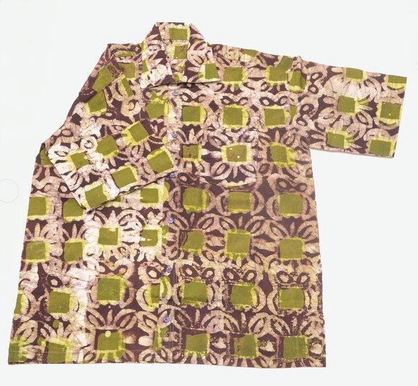 Batik-Hemd afrikanisches kurzärmliges Freizeit-Batikhemd aus Ghana, Adinkra bunt, legerer Stil