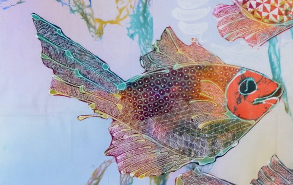 Batiken Bali Batikbilder dreifach gebatikt Fische 90 x 100 cm