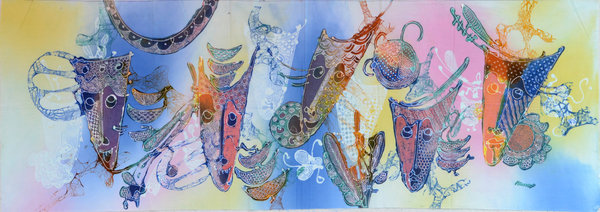 Batik Bild balinesisches Wandbild mit fünf bunten Masken-Motiven, zauberhafte Naturfarben-Handarbeit