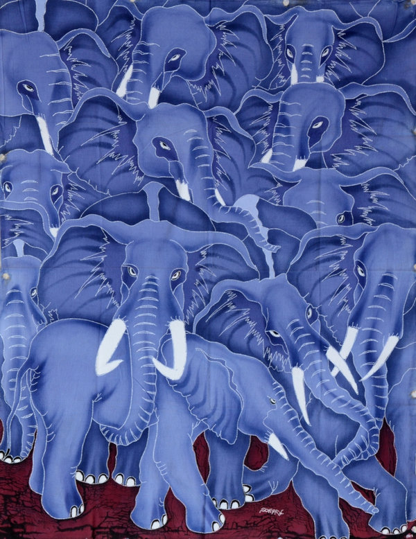 Batik Bild balinesisches Stoffbild mit blauer Elefanten-Herde, zauberhafte Naturfarben-Handarbeit