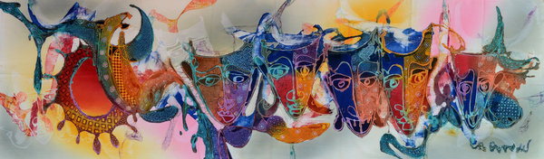 Batik Bild balinesisches Wandbild mit bunten fünf Masken-Motiven, zauberhafte Naturfarben-Handarbeit