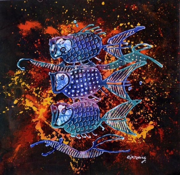 Batik Bild balinesisches Wandbild mit drei blauen Fischen, zauberhafte Naturfarben-Handarbeit