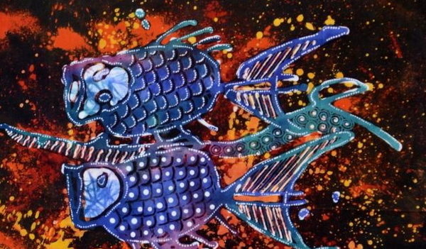 Batik Bild Stoffbild 3 blaue Fische 45 x 50 cm