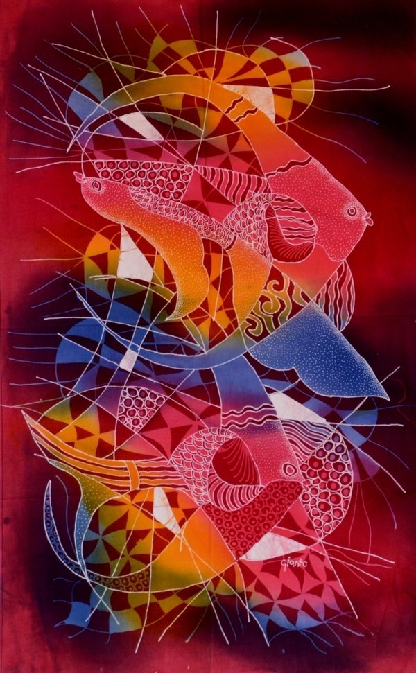 Batik Bild balinesisches Stoffbild mit buntem Meeresfisch-Motiv, zauberhafte Naturfarben-Handarbeit