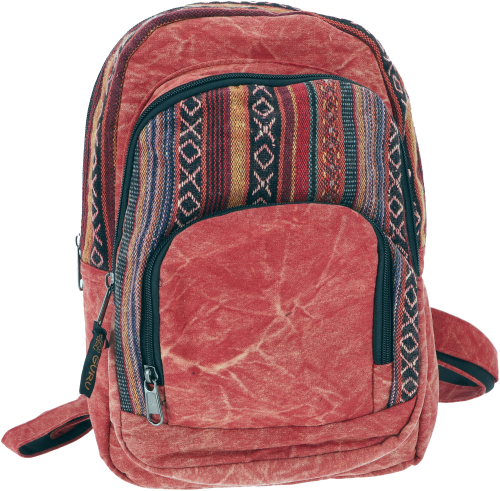 Rucksack Tasche rot im Ethno-Look mit 3 Reißverschlusstaschen, Baumwolle, Fair gehandelt aus Nepal
