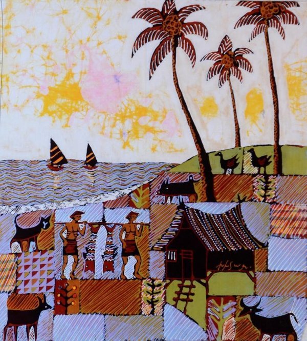 Batik Bild Stoffbild Palmen am Meer 45 x 50 cm