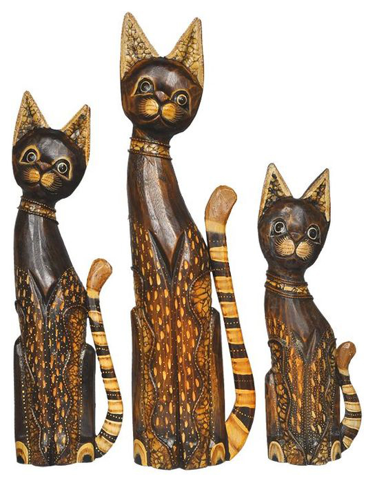 Katzen Familie Tierset, zauberhafte Katzen Trio-Figuren aus natürlichem Albesia-Fundholz geschnitzt