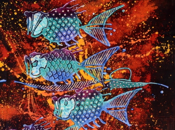 Batiken Bali Batikbilder Fisch-Familie 75 x 90 cm
