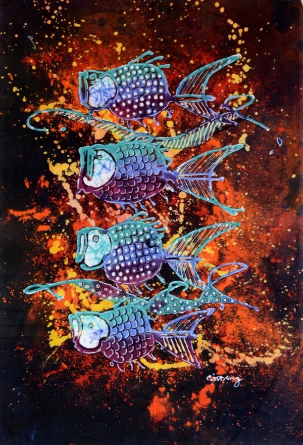 Batik Bild Bali Stoffbilder vier Fische 45 x 75 cm