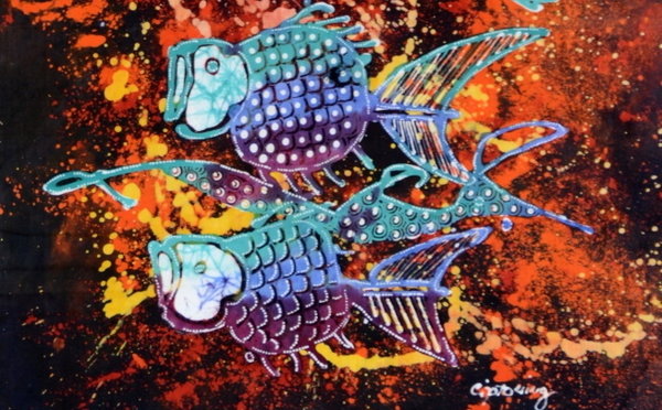Batik Bild Bali Stoffbilder vier Fische 45 x 75 cm