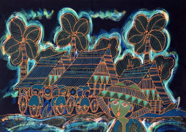 Batik Bild Bali Stoffbilder Landleben mit Tieren 75 x 90 cm
