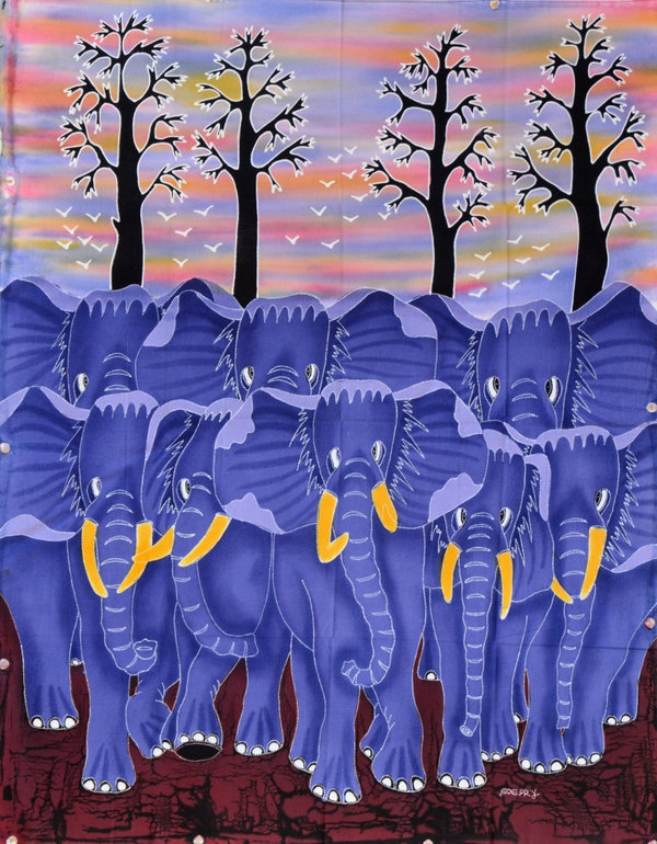 Batik Bild balinesisches Wandbild mit Elefanten-Natur-Motiven, zauberhafte Naturfarben-Handarbeit