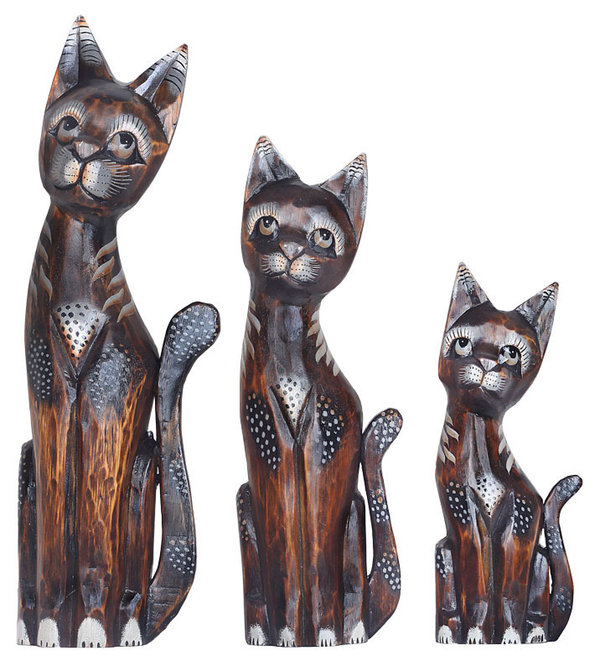 Katzen Familie im 3-er-Figuren-Tierset aus Albesiaholz kaufen, zauberhafte Handarbeit aus  Bali