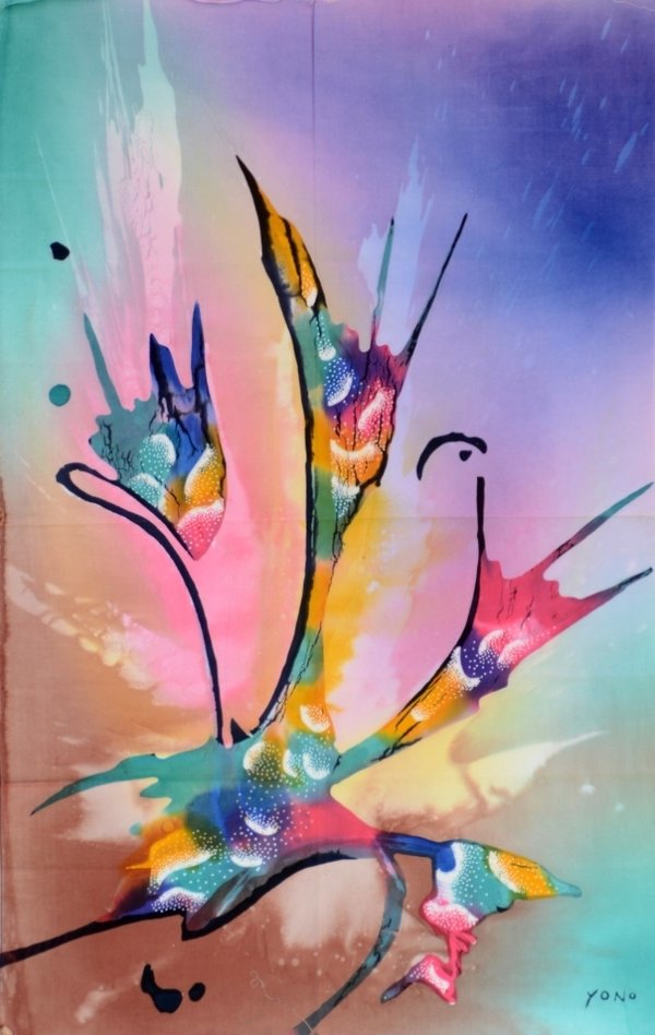 Batik Bild balinesisches Wandbild mit abstrakten Blumen-Motiven, zauberhafte Naturfarben-Handarbeit