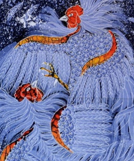 Batik Bild Bali Batikstoffbild Hühnerpaar 45 x 50 cm
