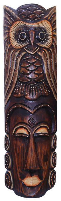 Maske balinesische Wanddeko mit Eulen-Schnitzereien und zauberhafter Handbemalung, 50 cm lang