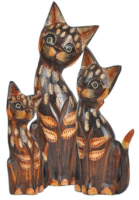 Katzen Familien 3-er-Tierset, zauberhafte Katzen Figuren aus natürlichem Albesia-Fundholz geschnitzt