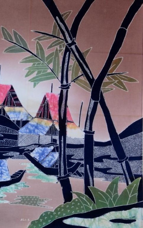 Batiken Bali Batikbild Hütten am Meer 45 x 50 cm