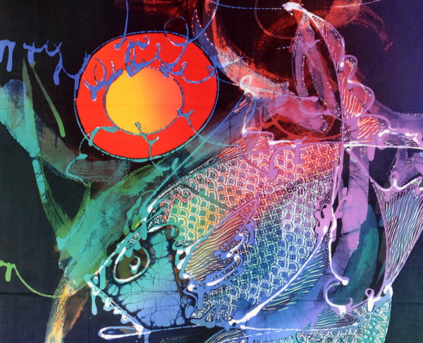 Batik Bild Stoffbild Bali dreifach gebatikt 2 Fische 45 x 75 cm