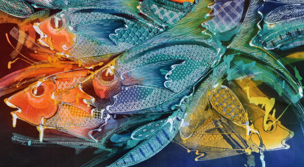 Batiken Batikbilder Bali vier Fische 75 x 90 cm