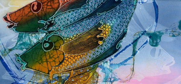 Batik Bild Stoffbild Bali dreifach gebatikt Fische-Paar