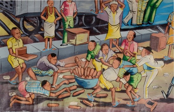 Ölbild auf Leinen afrikanisches Bahnhofsleben 1520