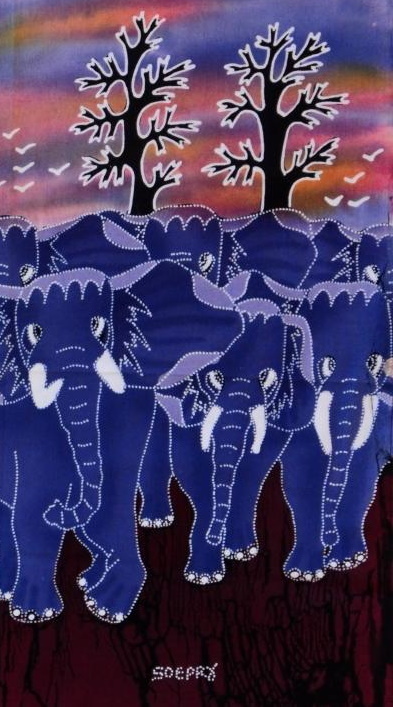 Batik Bild Stoffbild blaue Elefanten 45 x 50 cm