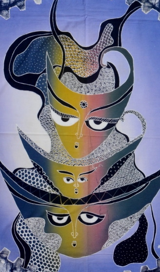 Batiken Bali Batikbild 3 Masken im Zahnrad 75 x 90 cm
