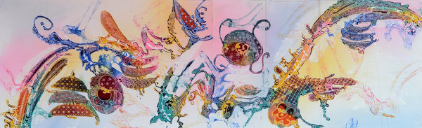 Batik Bild balinesisches Wandbild mit farbenfrohen Akzenten, zauberhafte Naturfarben-Handarbeit