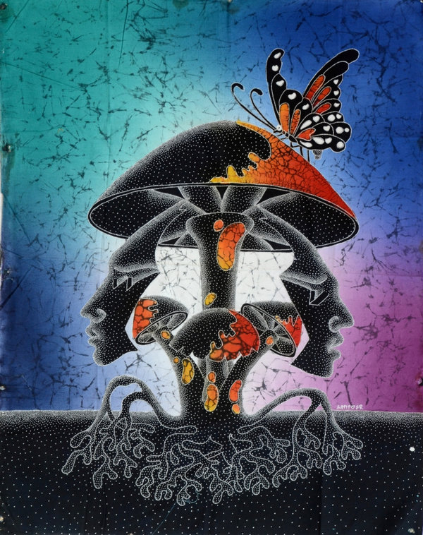 Batik Bild balinesisches Wandbild mit Masken-Pilz-Motiv, zauberhafte Naturfarben-Handarbeit