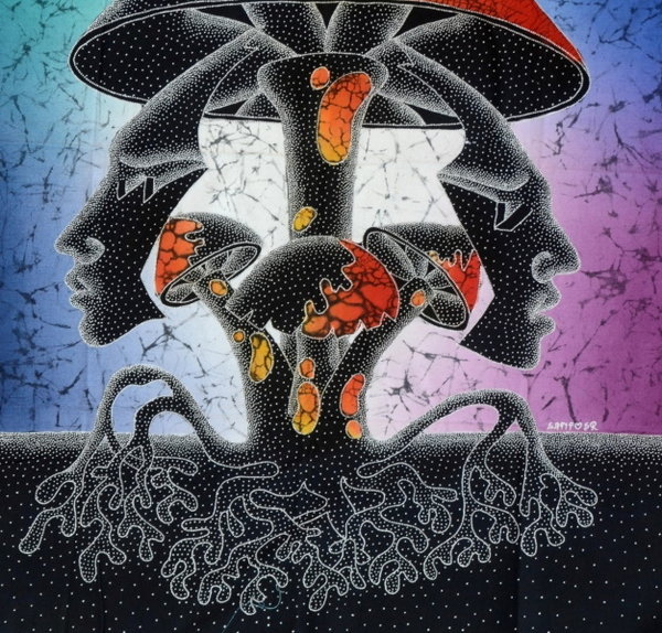 Batik Bild Stoffbild Masken-Pilz 75 x 90 cm