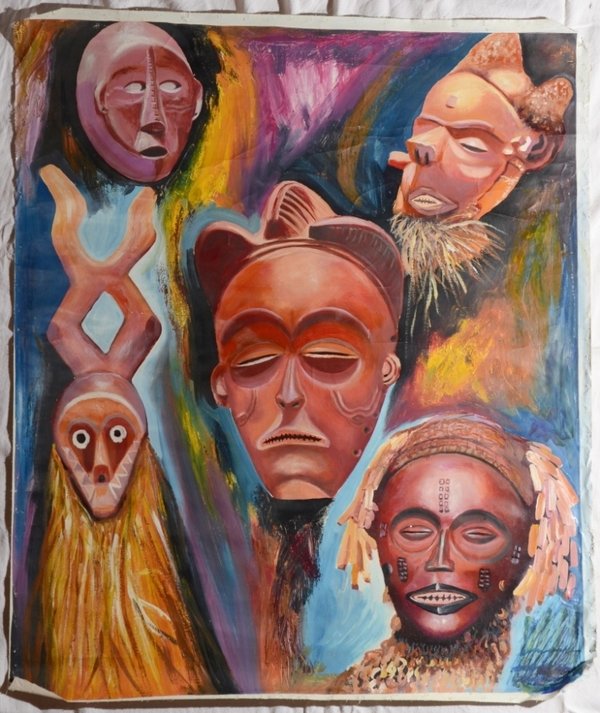 Ölbild 5 Masken auf Leinen Th-1518