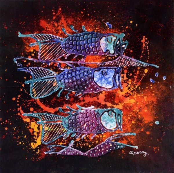 Batik Bild balinesisches Wandbild mit drei bunten Fischen, zauberhafte Naturfarben-Handarbeit
