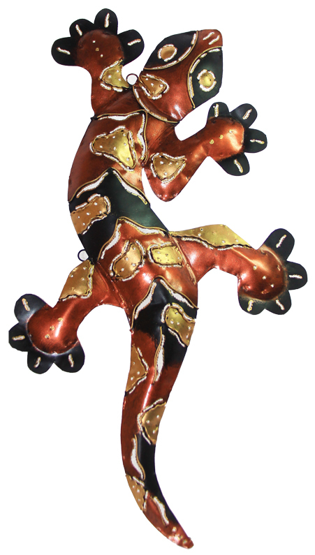 Gecko Figur aus Blech gefertigt, Salamander Tier mit braun-goldiger Bemalung, liebevolle Handarbeit