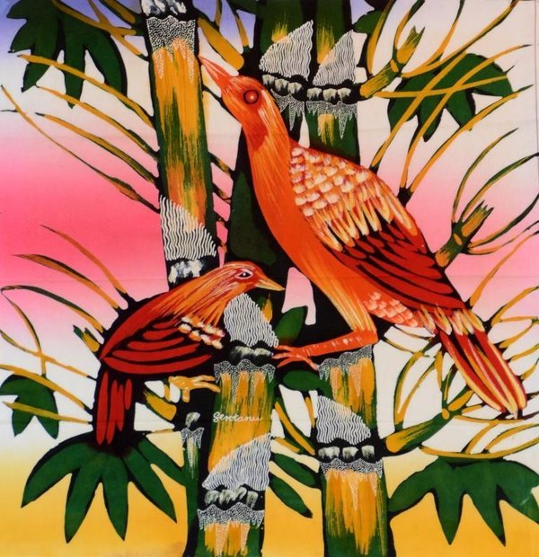 Batik Bild Stoffbild 2 rote Vögel 45 x 50 cm