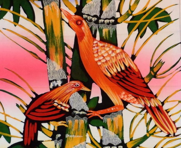 Batiken Bali Batikbild 2 rote Vögel 45 x 50 cm
