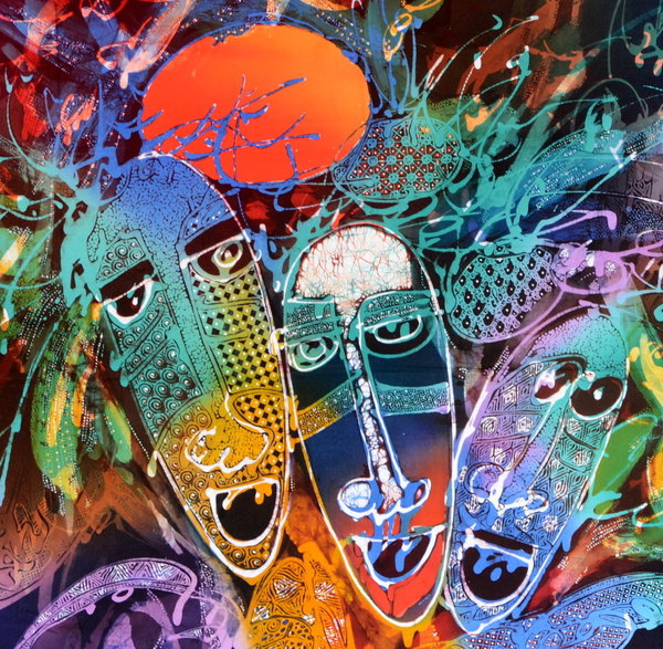 Batik Bild Stoffbild Bali drei Masken 75 x 90 cm