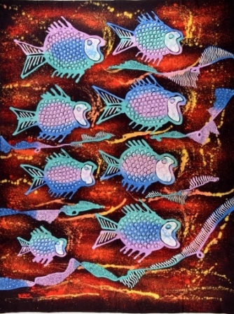 Batik Bild Wandbild Stoffbild 8 Fische 90 x 70 cm