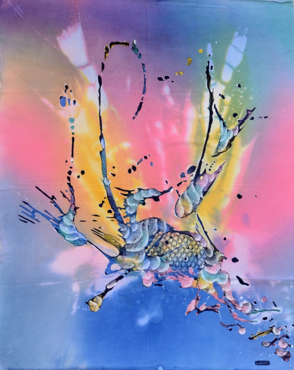 Batik Bild Stoffbild Fische abstrakt 75 x 90 cm
