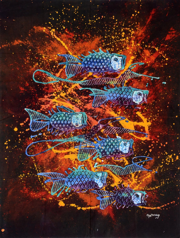 Batik Bild Stoffbild Fischeschwarm 75 x 90 cm