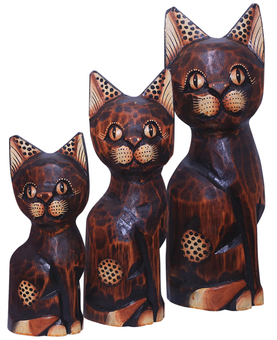 Katzen Figuren Familie aus Albesia-Fundholz im 3-er-Tierset kaufen, liebevolle Handarbeit aus Bali