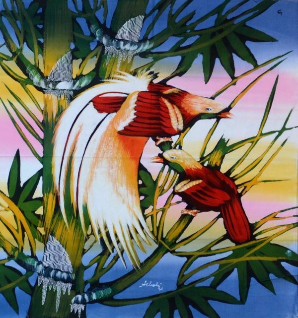 Batik Bild balinesisches Wandbild buntes Vogel-Paar, zauberhafte Naturfarben-Handarbeit aus Bali
