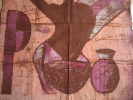 Batik Bild Afrika Stoffbild Frau mit Wasserkrügen 70 x 75 cm