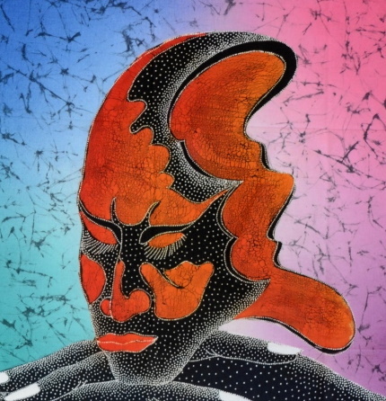 Batik Bild Batikstoffbild Maske verschränkte Hände 75 x 90 cm