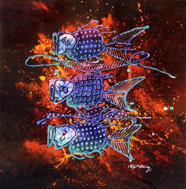 Batik Bild Stoffbild 3 Fische im Meer 45 x 50 cm