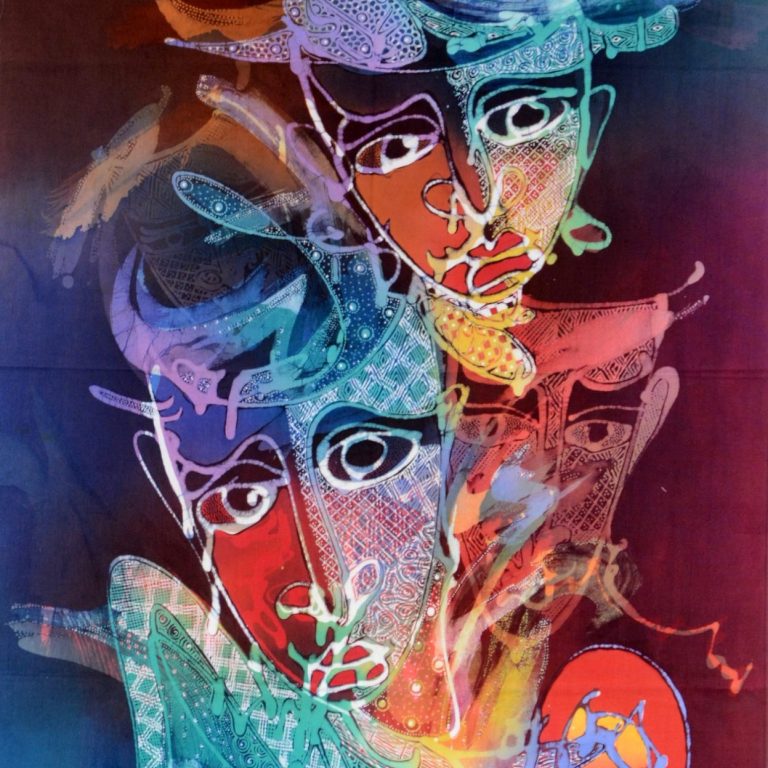 Batik Stoffbild mit drei Masken Motiven, Wohn Accessoires im Afrika-Deko-Shop München
