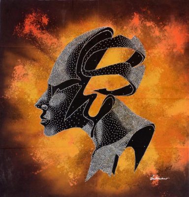 Batik Stoffbild Masken Wandbild mit natürlichen Farben im Afrika-Deko-Shop online kaufen Batik Stoffbild abstrakt im Afrika-Deko-Shop kaufen, Wandschmuck mit Masken Flair