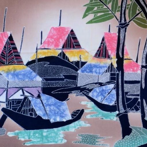 Künstlerisches abstraktes Batik Bild, handgefärbt mit Hütten Motiven im Afrika Deko Shop kaufen Künstlerisches abstraktes Batik Bild, handgefärbt mit Hütten Motiven im Afrika Deko Shop