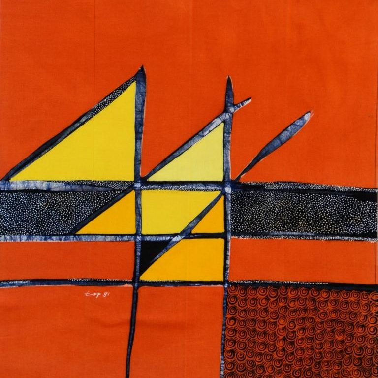 Batik Stoffbild mit abstrakten roten und gelben Mustern aus Bali, 45 x 75 cm, im Afrika-Deko-Shop
