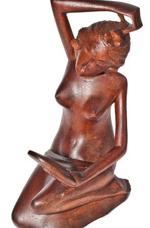 Handgeschnitzte afrikanische Figur aus Holz, Mädchen Figur mit Spiegel